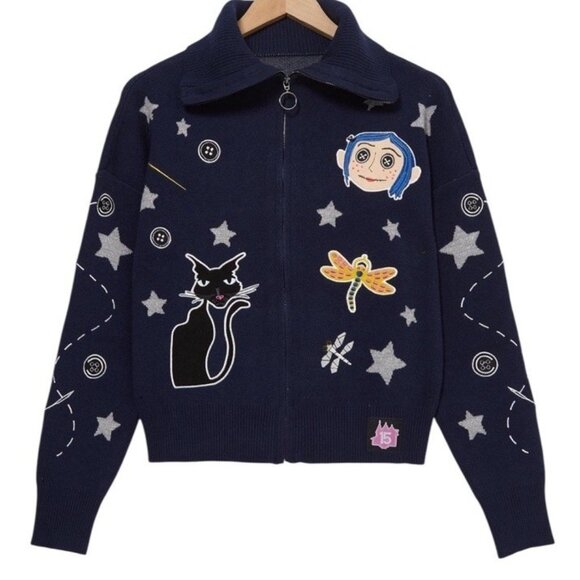 Coraline Zip Up Sweater Women Size XL Knit Icons Cosplay Embroidered Whimisgoth - Picture 1 of 6